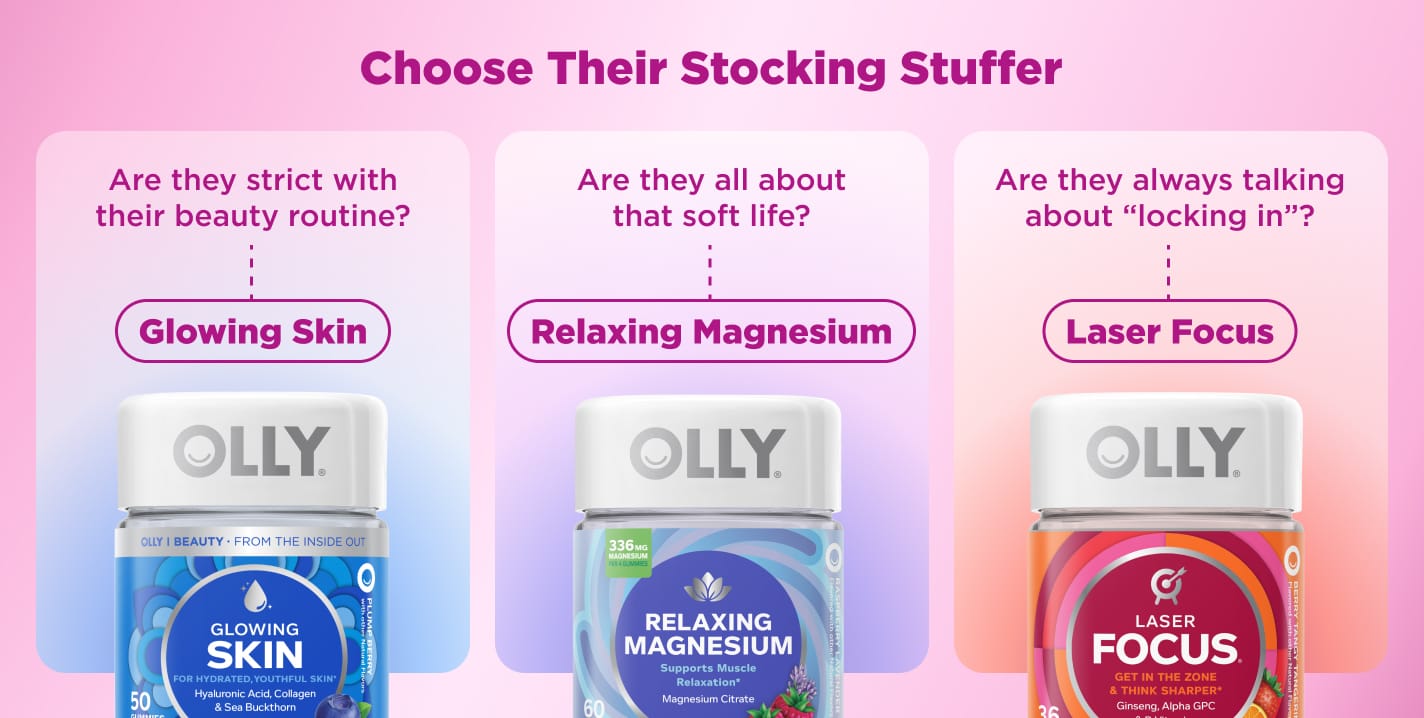 Holiday stocking stuffer ideas featuring OLLY Glowing Skin, Relaxing Magnesium, and Laser Focus gummies