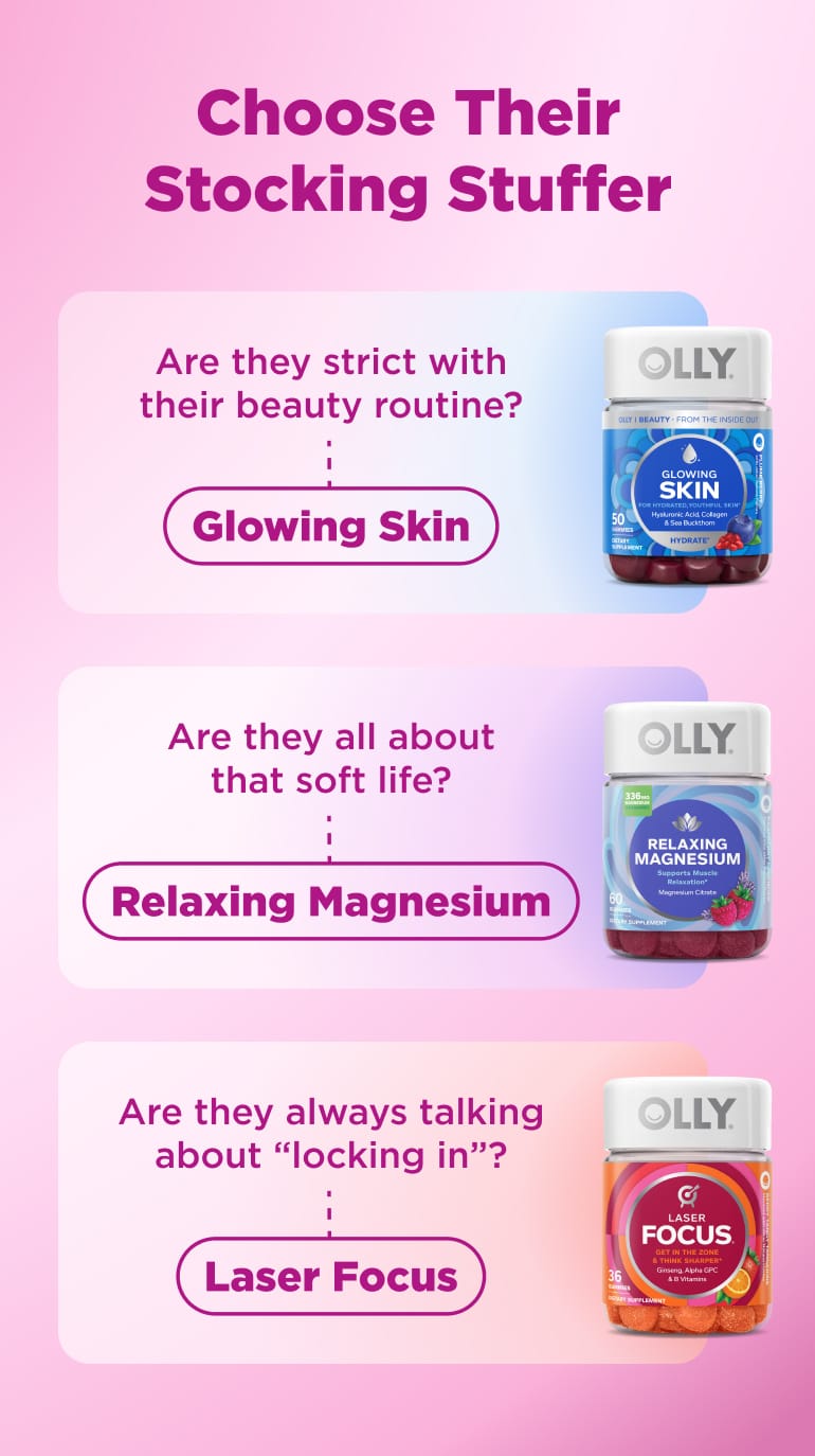Holiday stocking stuffer ideas featuring OLLY Glowing Skin, Relaxing Magnesium, and Laser Focus gummies