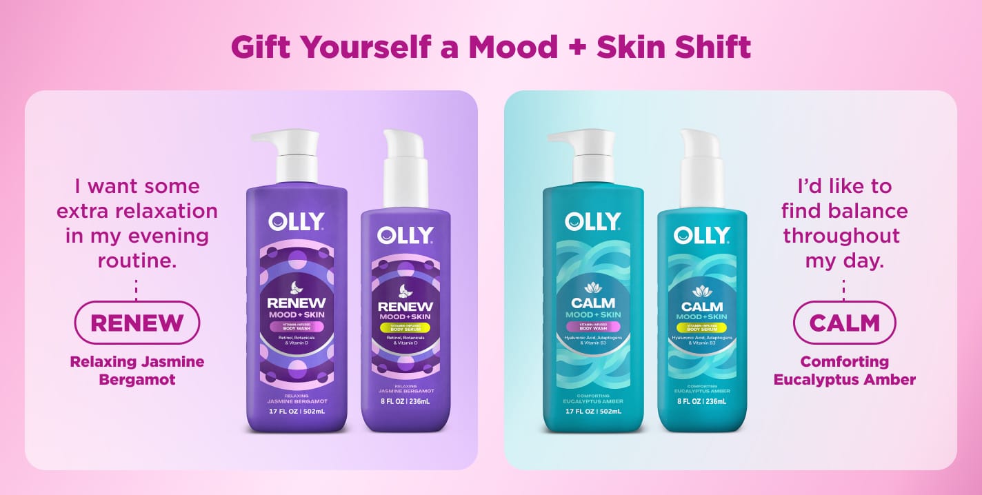 OLLY Mood + Skin body wash and serum gift sets