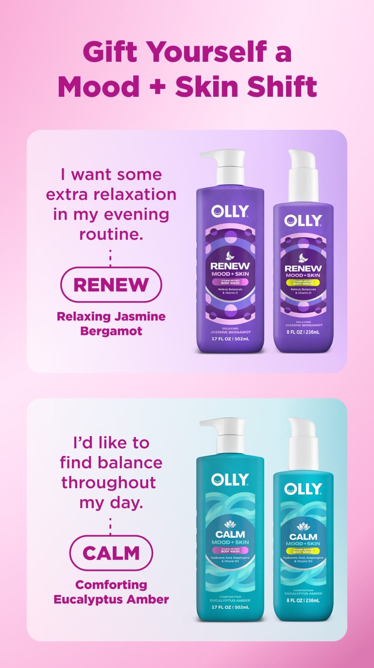 OLLY Mood + Skin body wash and serum gift sets