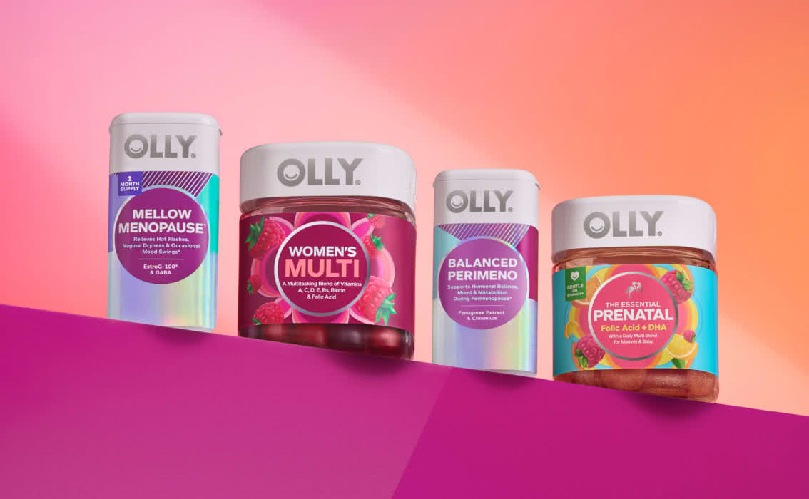OLLY Mellow Menopause, Women's Multi, Balanced Perimeno, and Essential Prenatal products